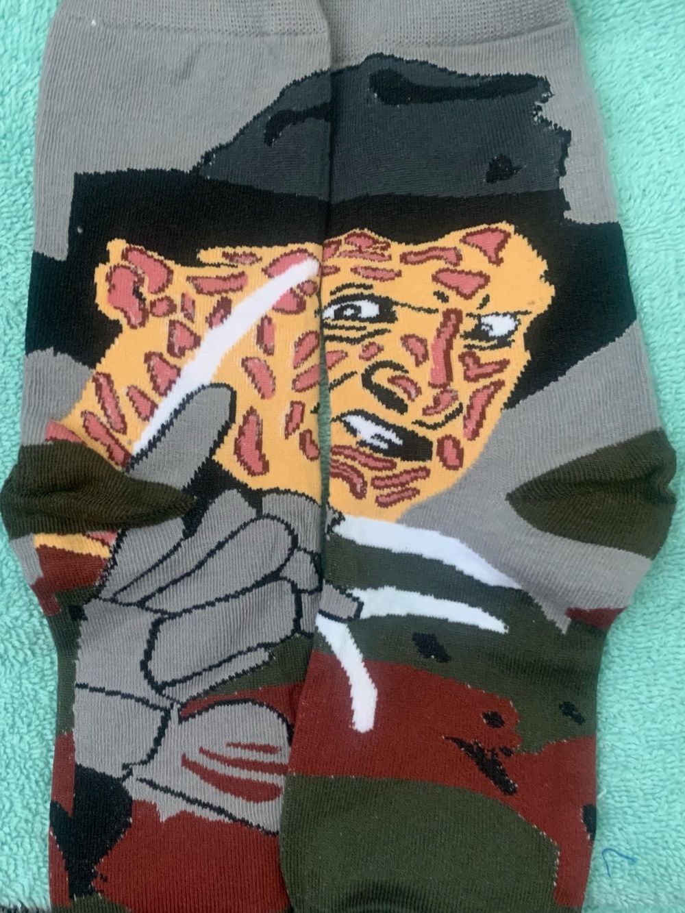 Novelty Graphic Crew Socks in Olive, Rust & Gray